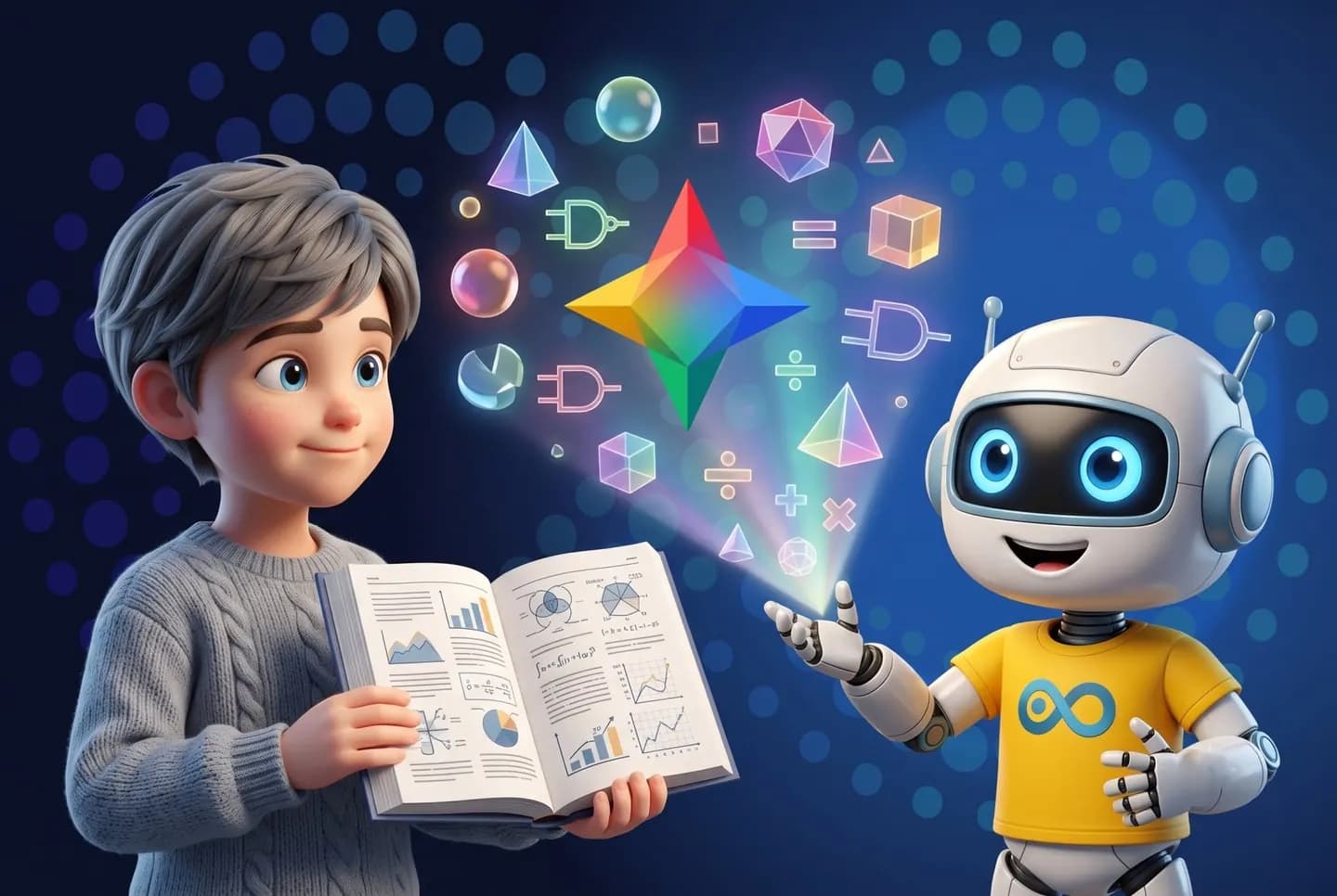 A child looking past a page of search results into the ideas branching out behind them, AIJU pointing the way.