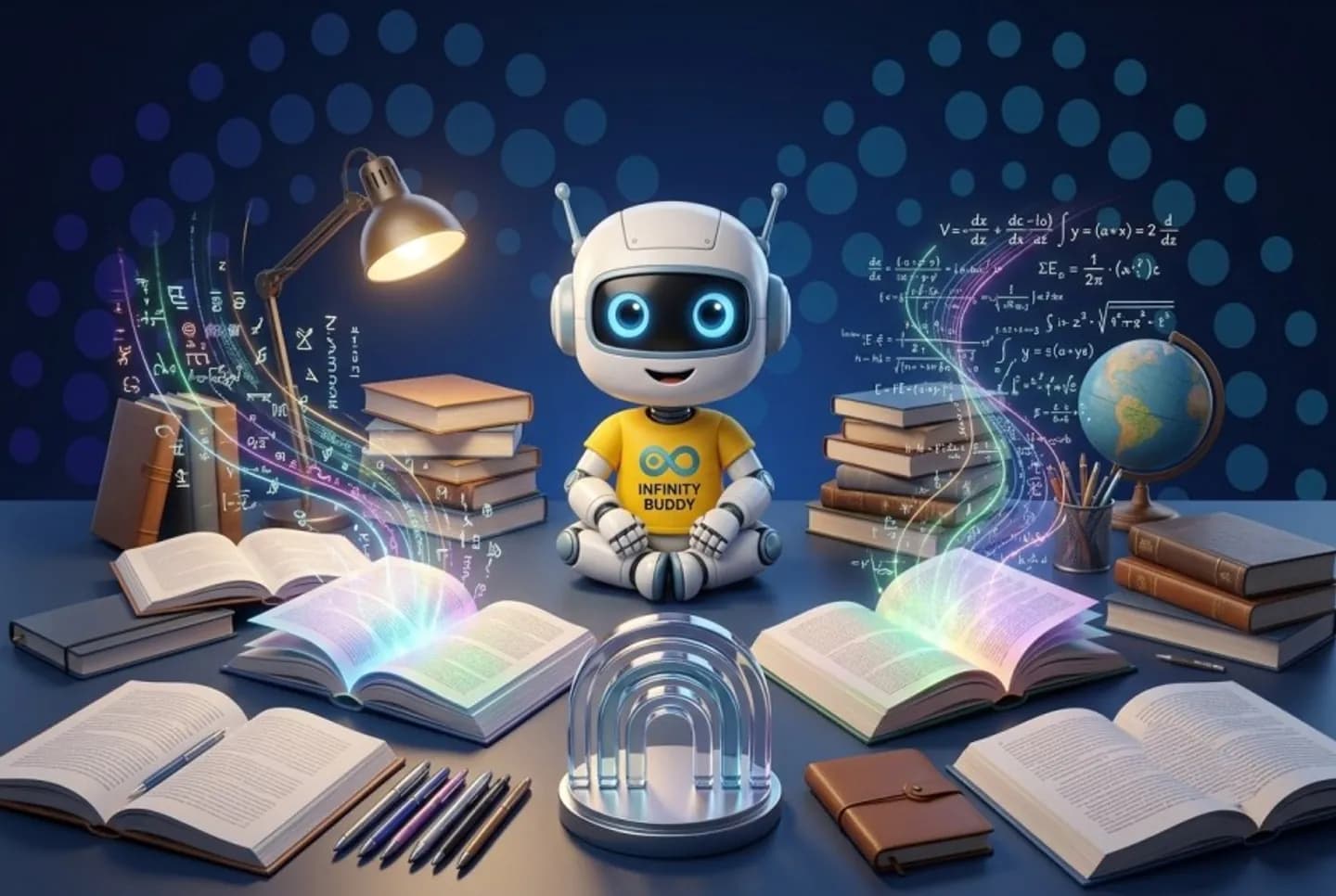 A child's own notebook and textbook open on screen, answering back in their own words while AIJU watches.
