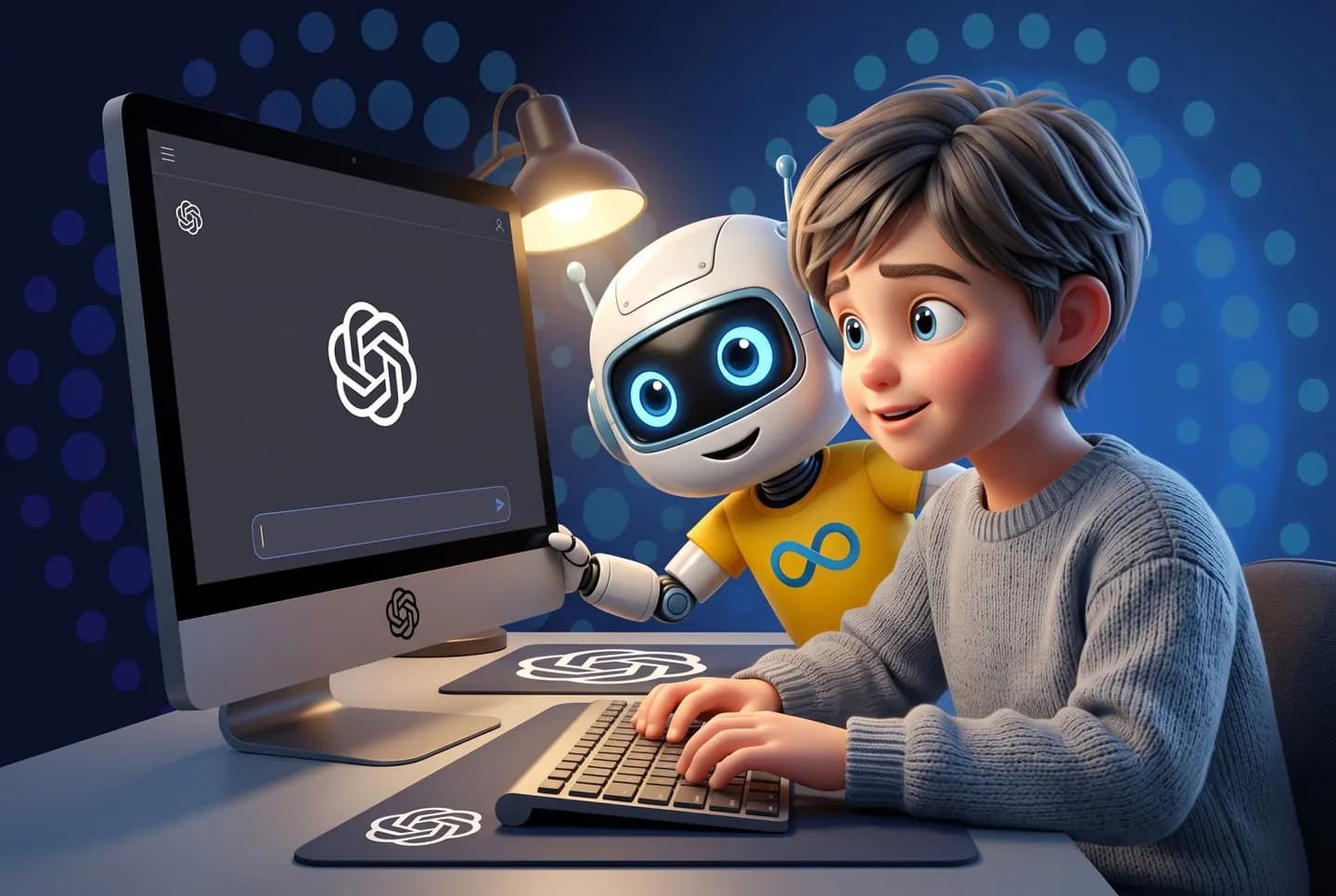 A child at a desk typing their first question into an assistant, AIJU leaning in beside them.