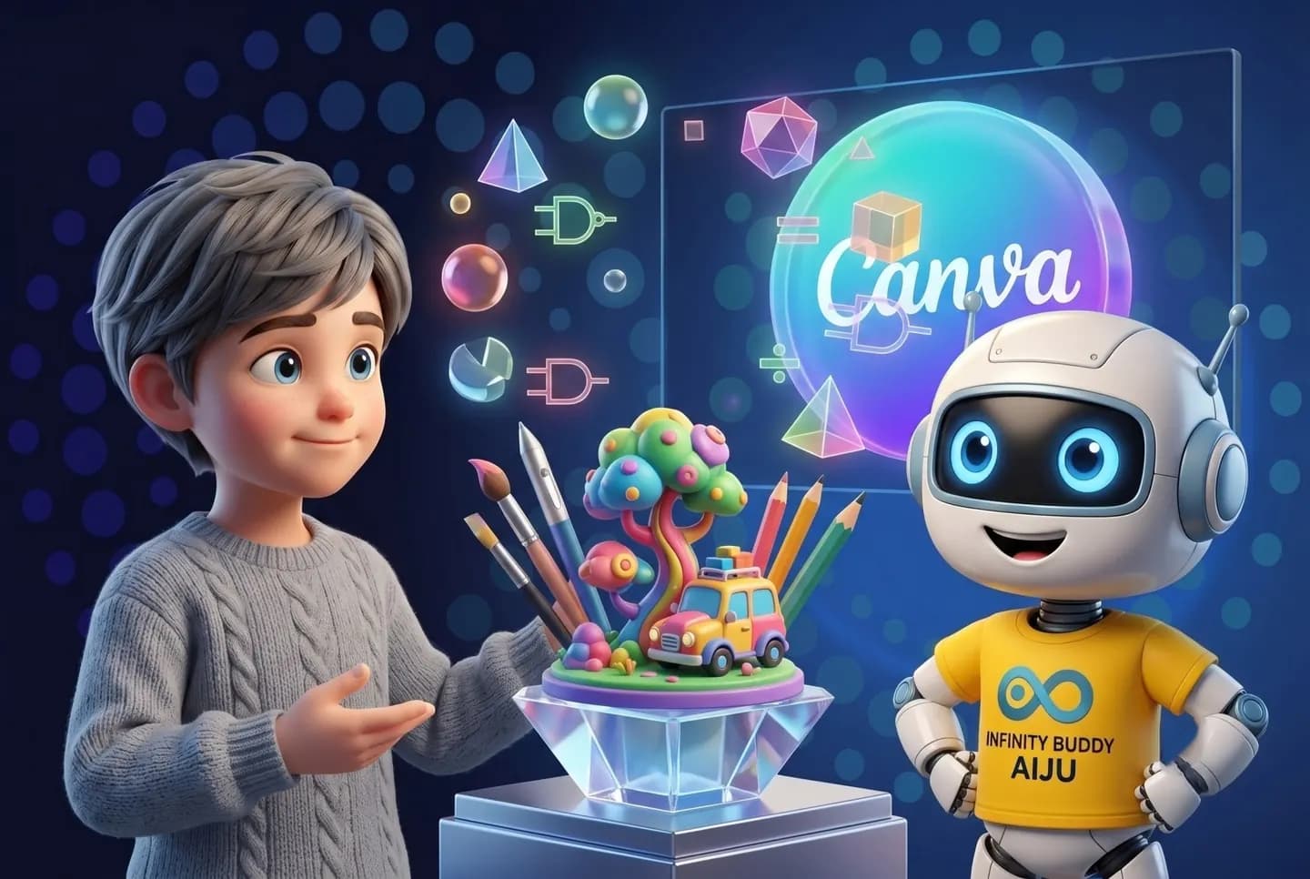 A child building a bright project of their own on screen, AIJU handing them the pieces.