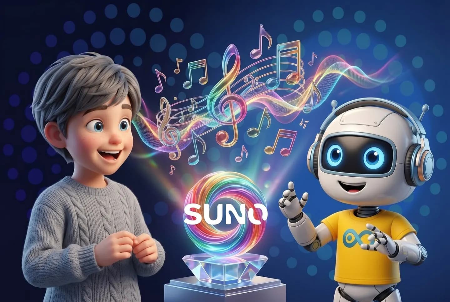 A child watching a song they made take shape as music, AIJU celebrating beside them.
